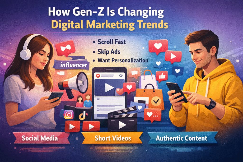 Gen-Z using smartphones surrounded by social media icons representing changing digital marketing trends and personalised marketing strategies.
