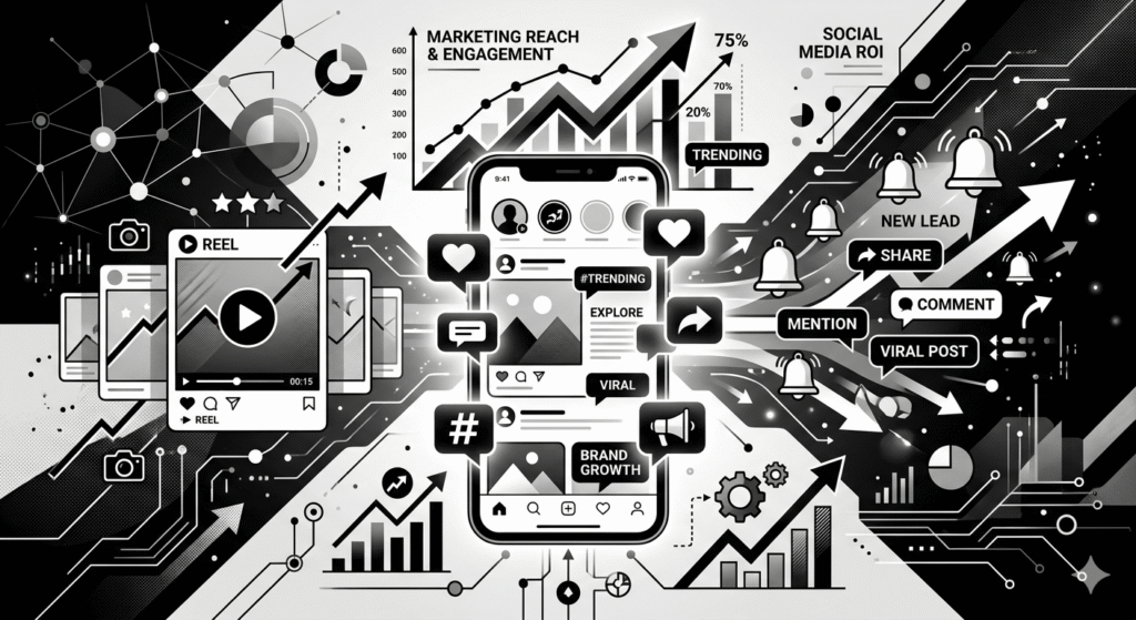 Grayscale illustration showing a smartphone surrounded by social media icons, engagement symbols, and analytics graphs representing the rise of social media-driven marketing and digital marketing trends.
