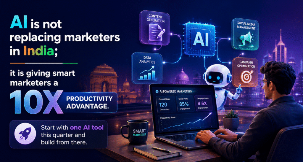AI is not replacing marketers in India; it is giving smart marketers a 10x productivity advantage. Start with one AI tool this quarter and build from there.